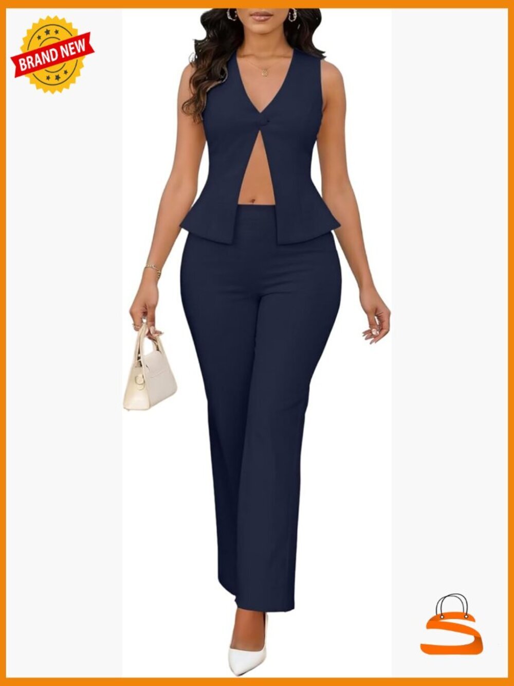 2 Piece Pant Suit Dressy Backless Vest Blazer Straight Leg Pants Set Business
